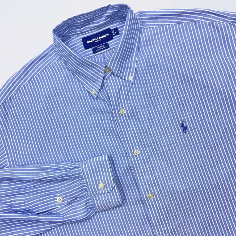 Ralph Lauren Golf Button Down Shirt Mens Large‎ Blue White Striped Tilden Cotton